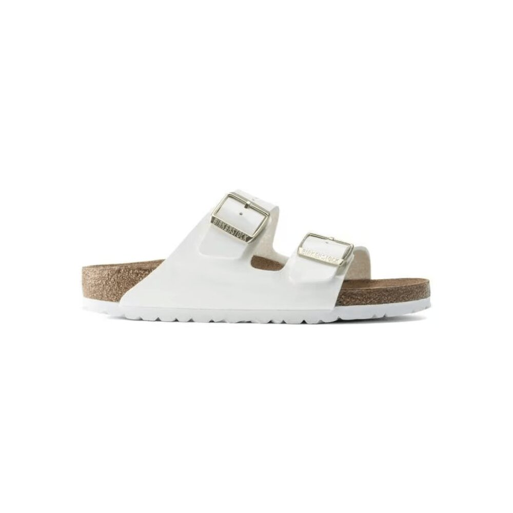 Birkenstock White Two-Strap Arizona Sandal with Gold Buckles